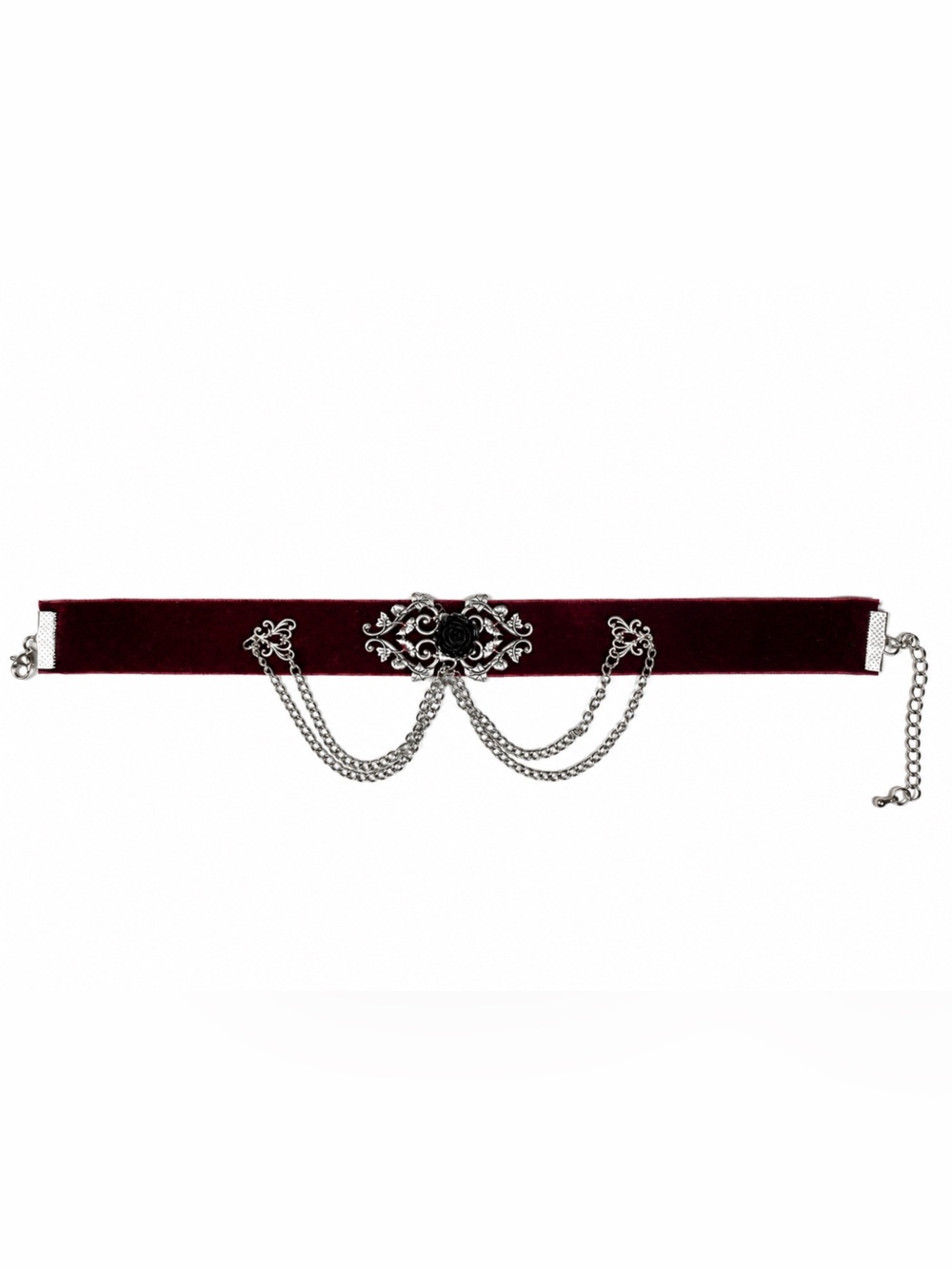 Hot Topic Burgundy Velvet Choker with Silver Filigree and Chains